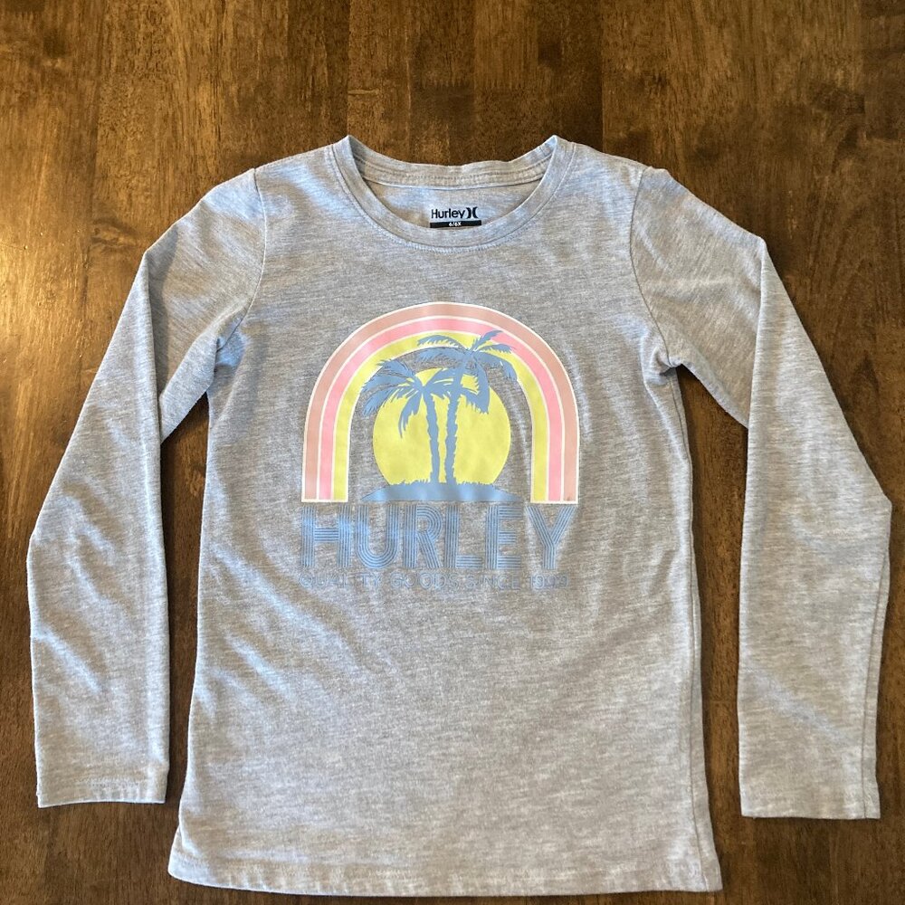 Girls Hurley Long Sleeve Graphic Tee Light Gray Palm Tree Size 6/6x Like New!